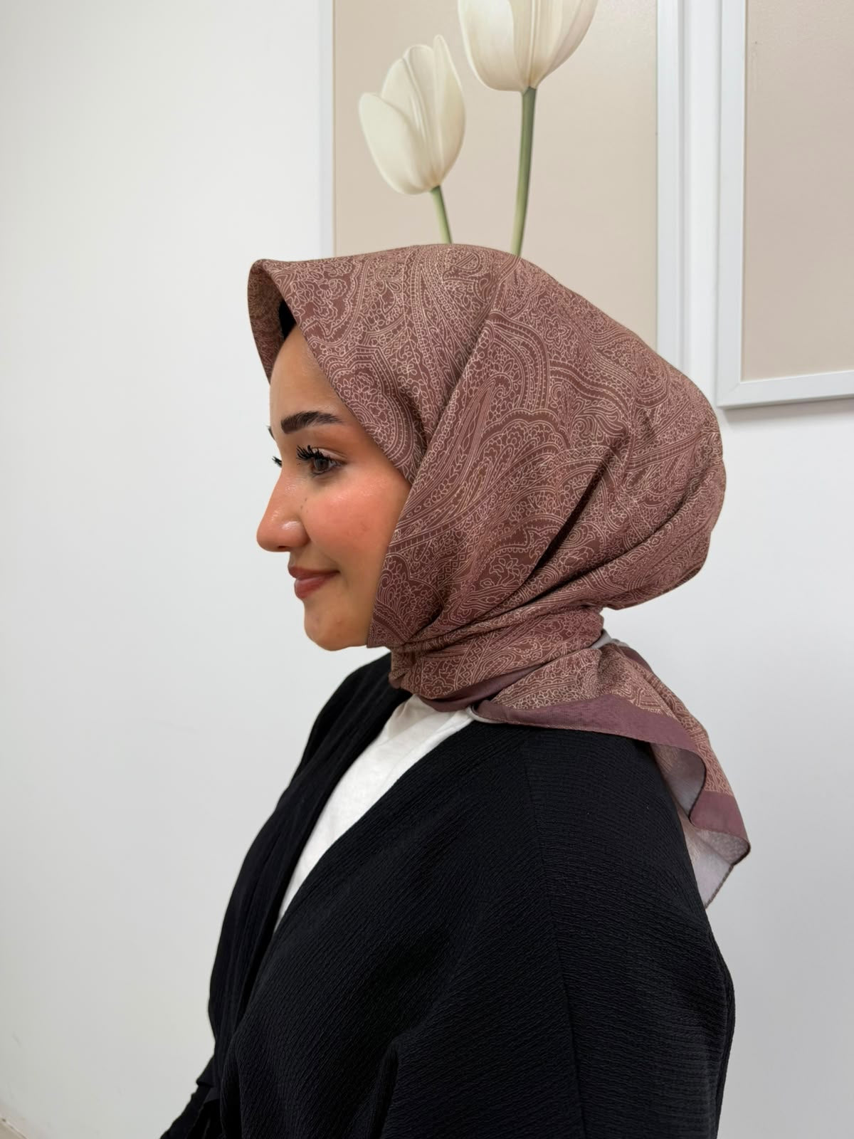 loressina kahverengi paisley desenli ipek dokulu şık şal modeli
